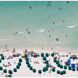 Beach Goers and Green Umbrellas