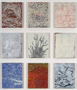 Laura Fayer, "Departure Points," acrylic, rice paper on panel; 9 panels