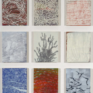 Laura Fayer, "Departure Points," acrylic, rice paper on panel; 9 panels
