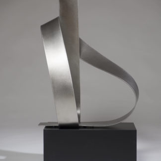 Joe Gitterman, "Poised 3", stainless steel, painted black metal base