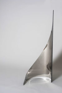Joe Gitterman, "Gesture 16," mirrored stainless steel, powder coating on non-mirrored side