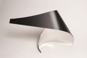 Joe Gitterman, "Gesture 3," mirrored stainless steel, powder coating on non-mirrored side