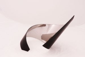 Joe Gitterman, "Gesture 1," mirrored stainless steel, powder coating on non-mirrored side