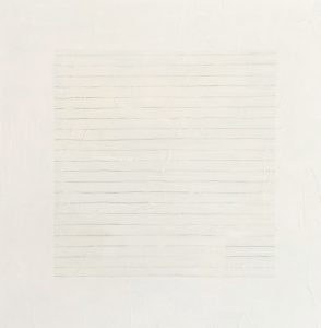 Bastienne Schmidt, "Untitled 50, White Grids," polymer paint, tracing paper, on canvas