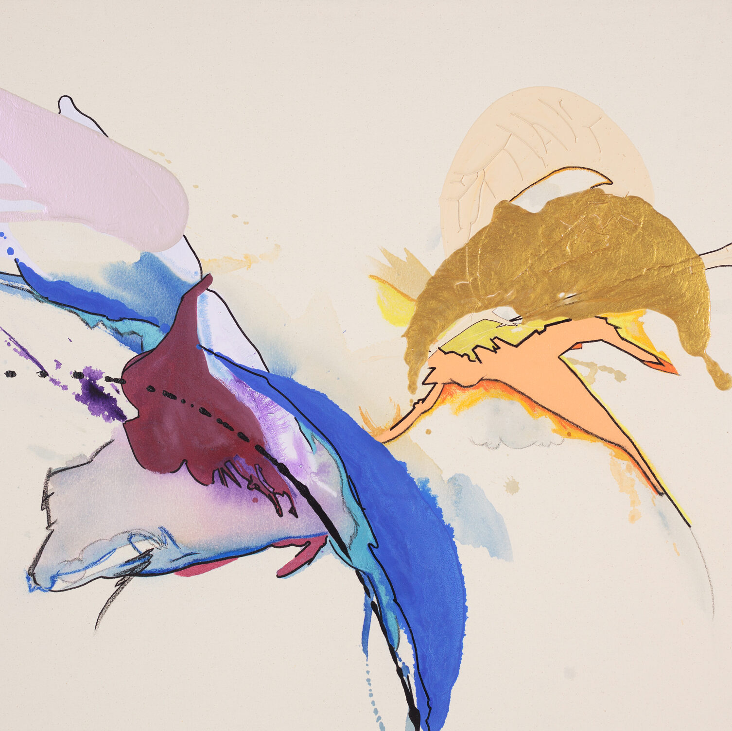 Laura Moretz, "Breaking Through the Dream," acrylic, enamel, pastel, marker, charcoal on raw canvas