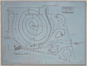 Eugene Brodsky, "Mollino's Spiral," oil, laser cut wood inlaid to wooden panel