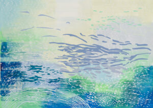 Laura Fayer, "Wisdom Island," acrylic, Japanese paper on paper
