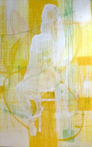 Michael Manning, "Yellow with seated Figure (left)," acrylic, oil stick on canvas