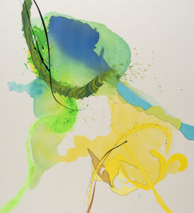Laura Moretz, "The Chaotic Dance of it All," acrylic, enamel, pastel, oil paint marker, Aspen river water on raw canvas