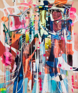 Galen Cheney, "Barcelona," acrylic, metal leaf, paper, spray paint on collaged canvas