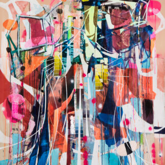 Galen Cheney, "Barcelona," acrylic, metal leaf, paper, spray paint on collaged canvas